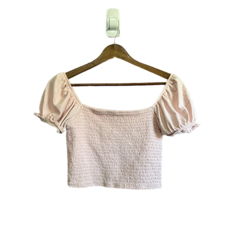 Forever 21‎ Smocked Crop Top Womens Medium Pink Good Puff Sleeve Square Neck
